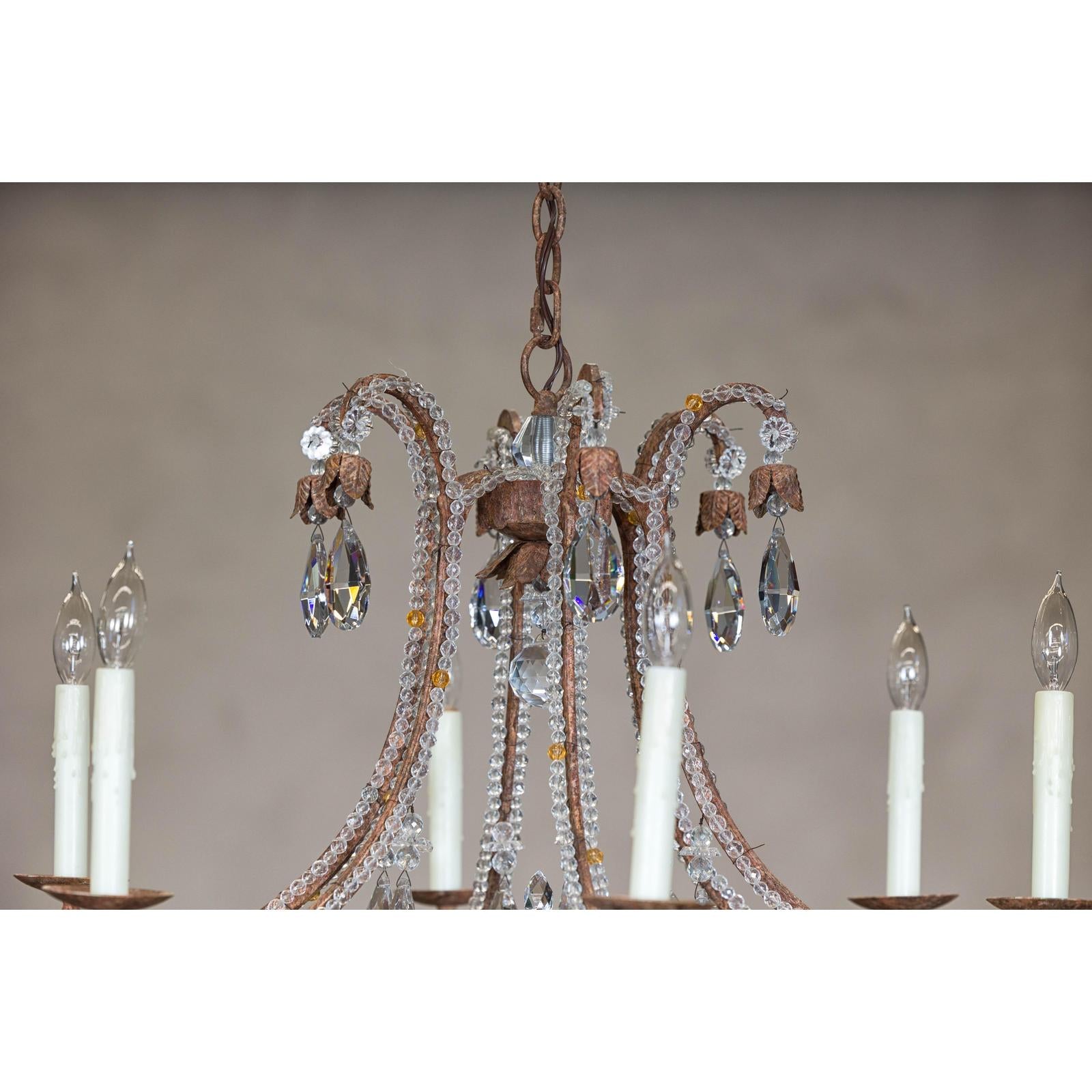 Six-Light Crystal Chandelier with Scrolling Patinated Iron Arms, USA Wired
