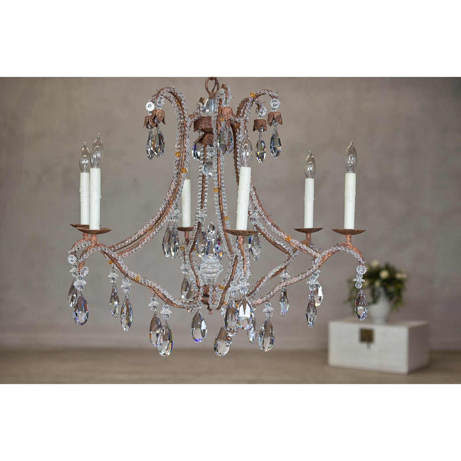 Six-Light Crystal Chandelier with Scrolling Patinated Iron Arms, USA Wired