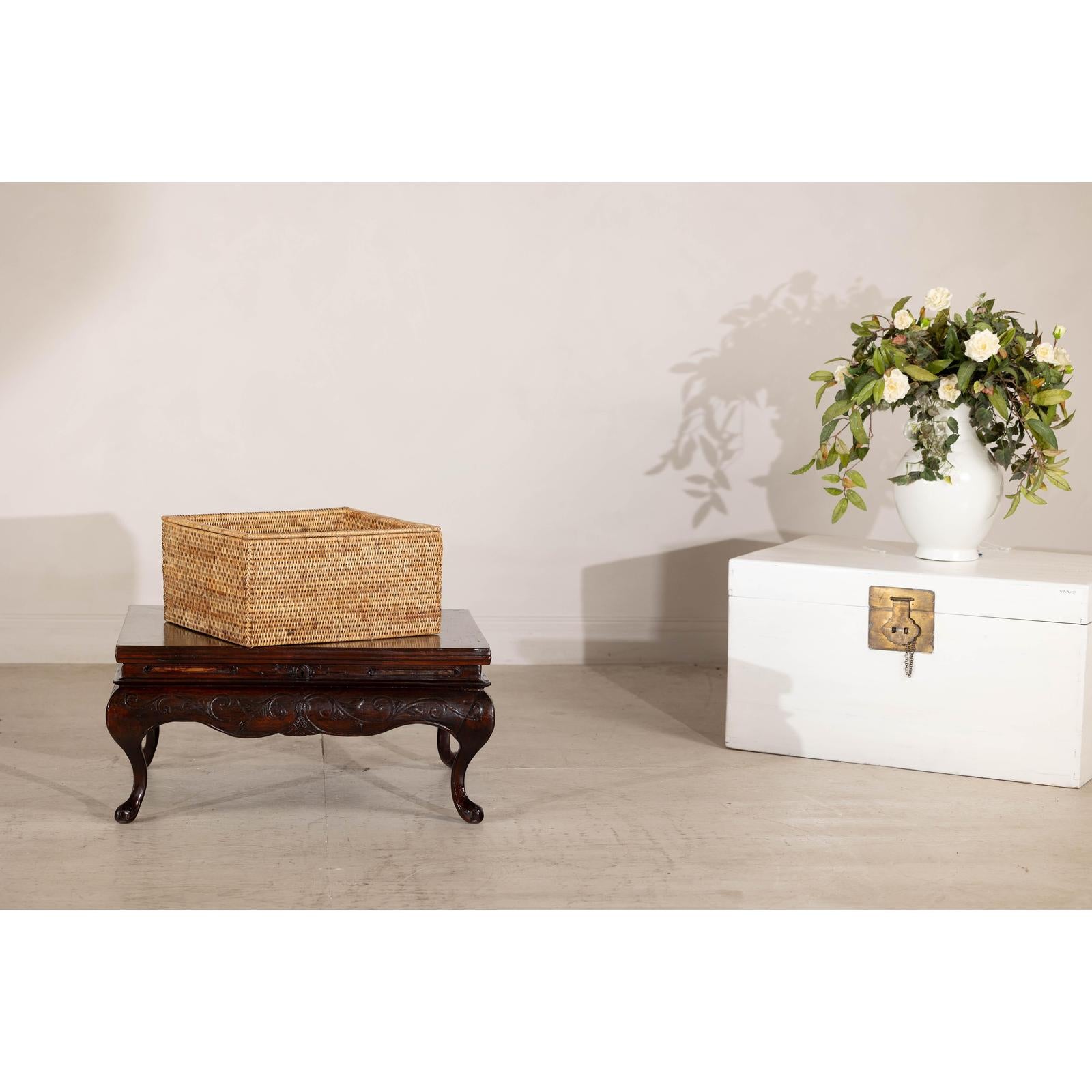 Vintage Country Style Rectangular Rattan Storage Box with Removable Tray Lid