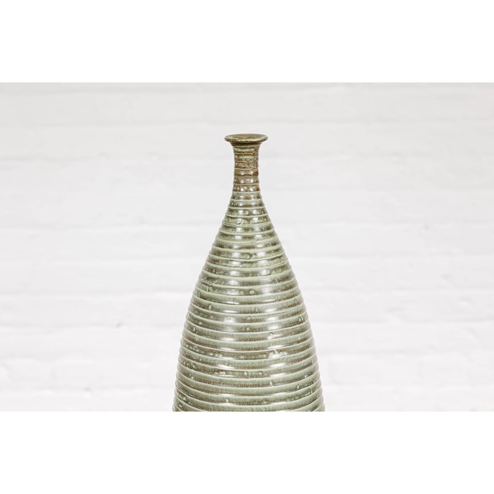 Tall &amp; Slender Green Glazed Ceramic Vase