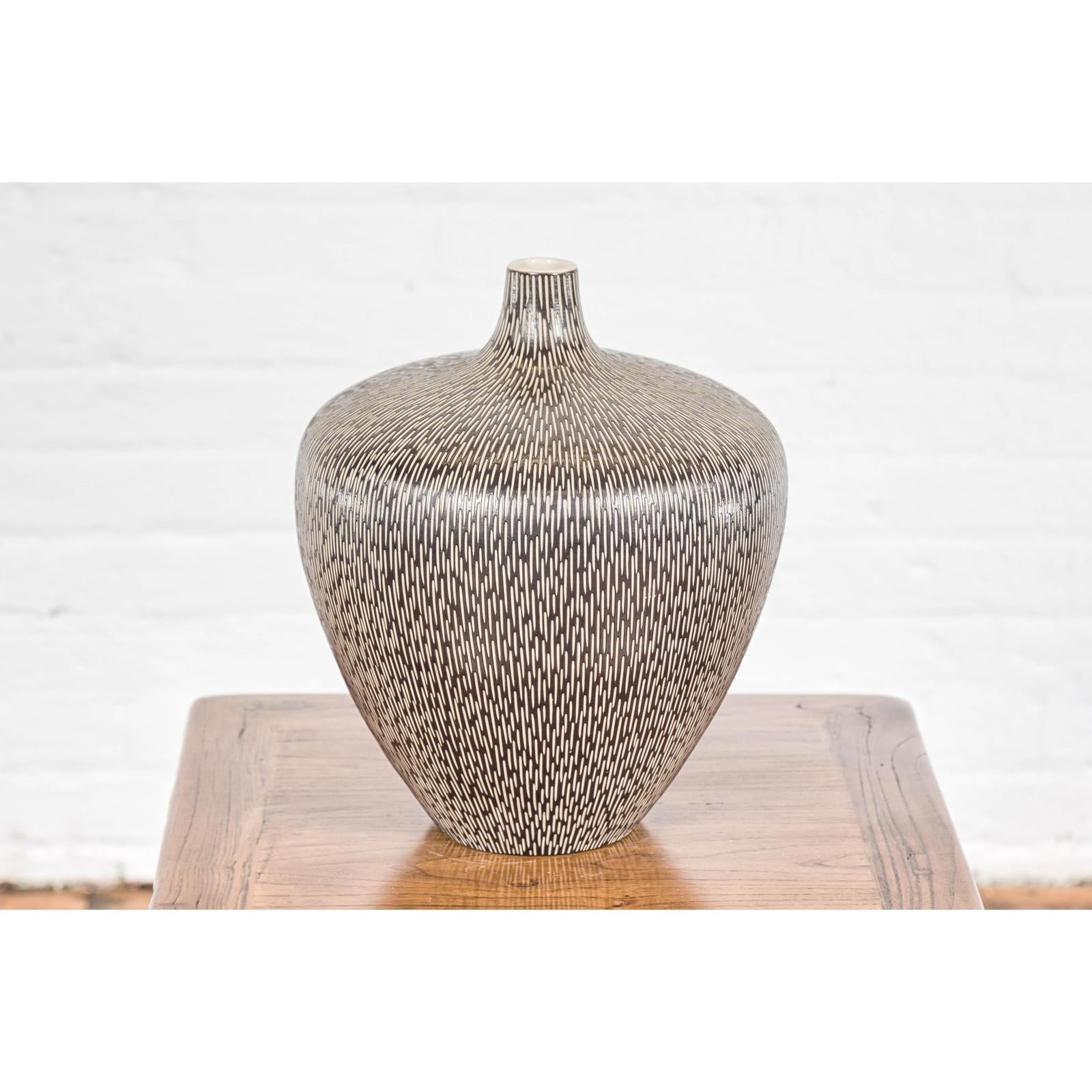 Artisan Handmade Brown Glazed Ceramic Vase with Textured Cream Stokes