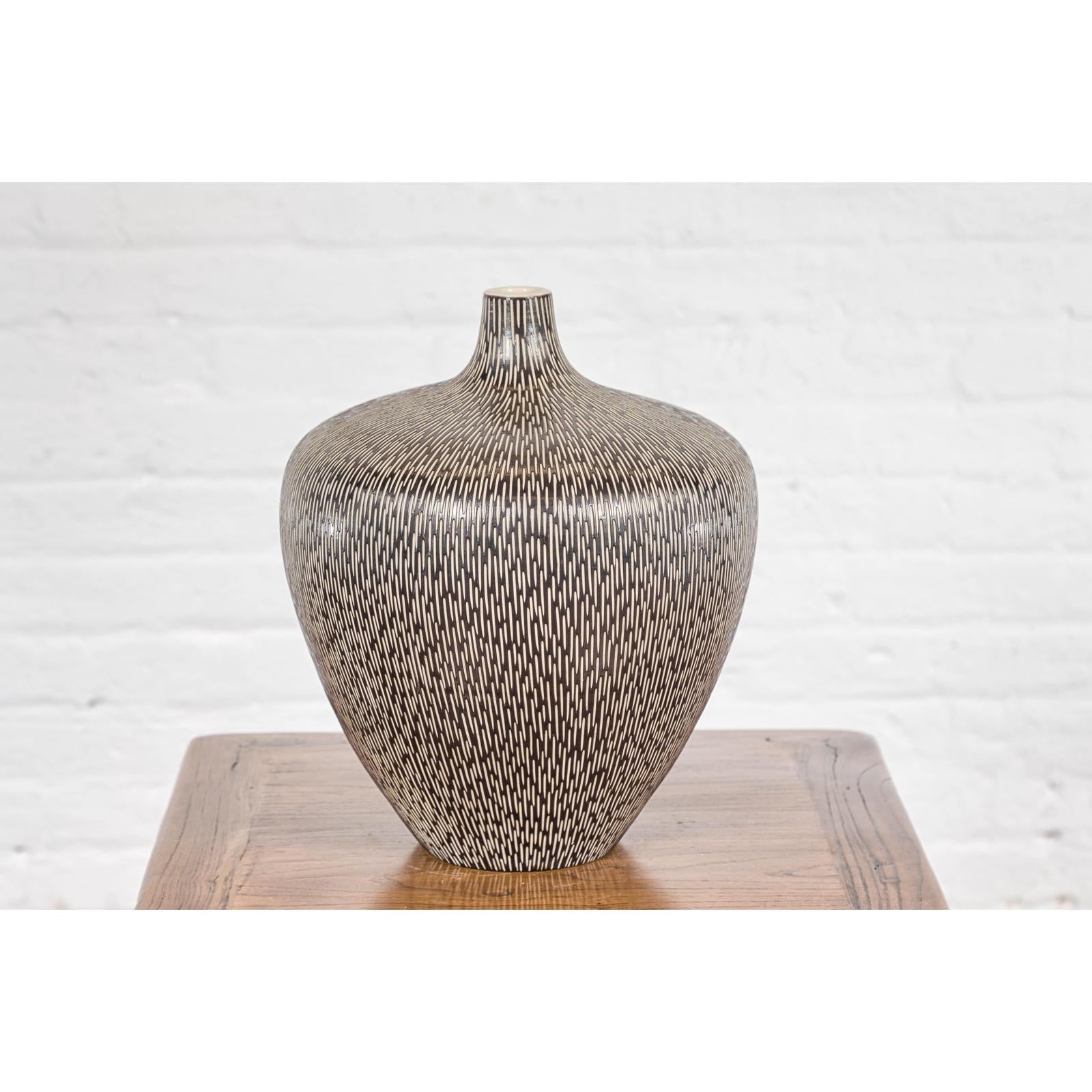 Artisan Handmade Brown Glazed Ceramic Vase with Textured Cream Stokes
