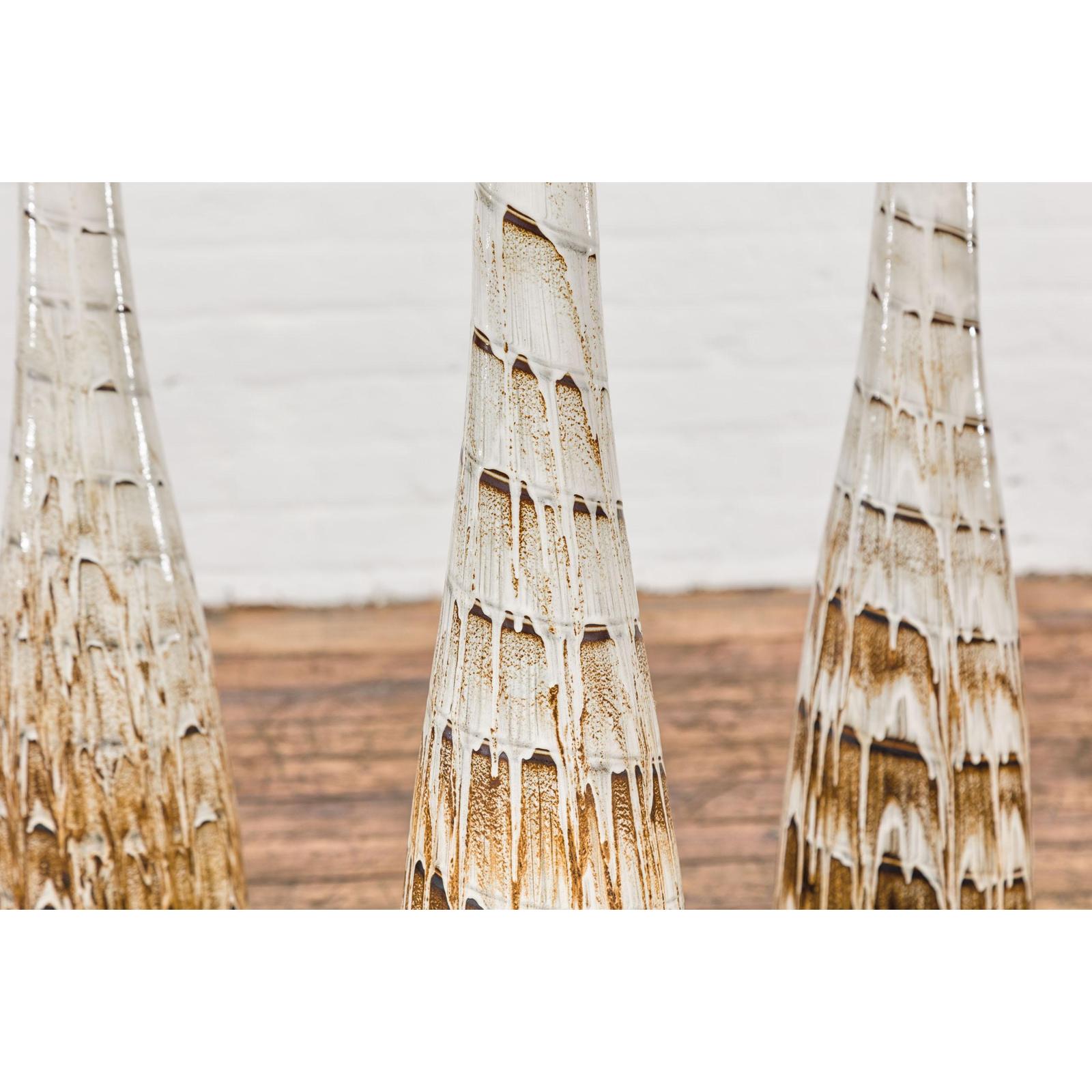 Three Slender Vases with Brown &amp; White Drip, Sold Each