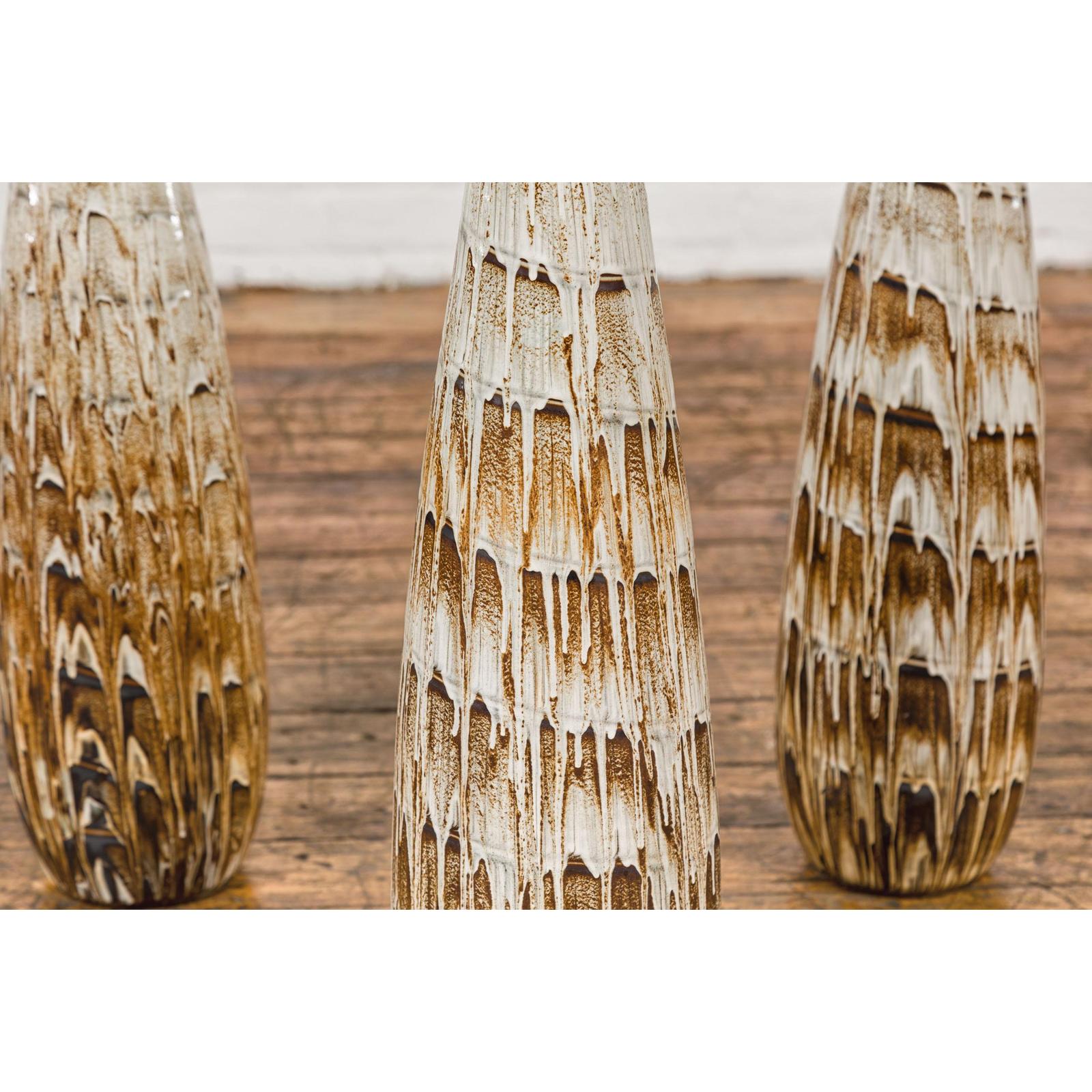 Three Slender Vases with Brown &amp; White Drip, Sold Each