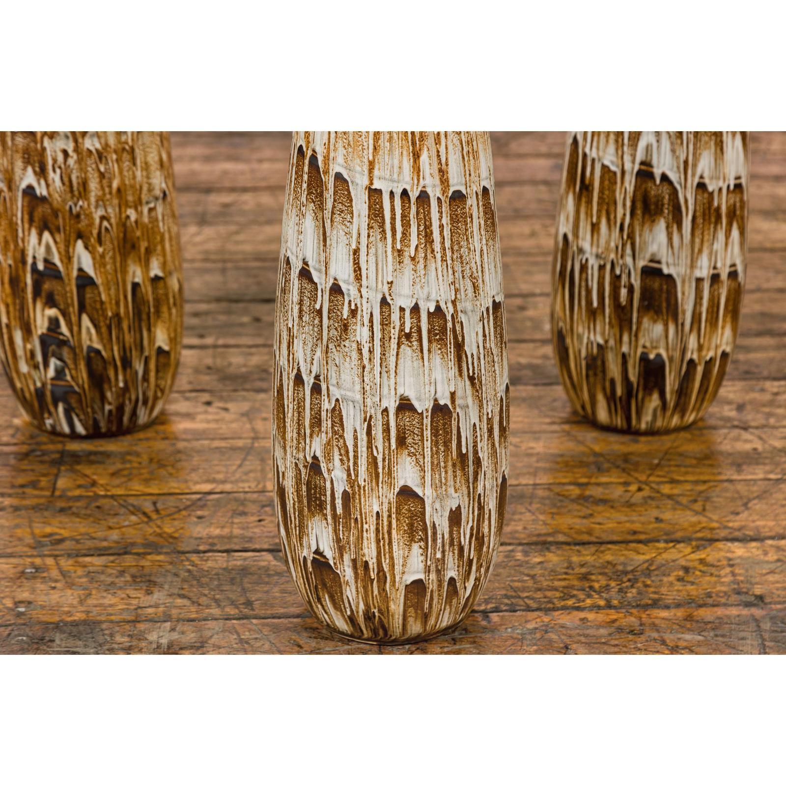 Three Slender Vases with Brown &amp; White Drip, Sold Each