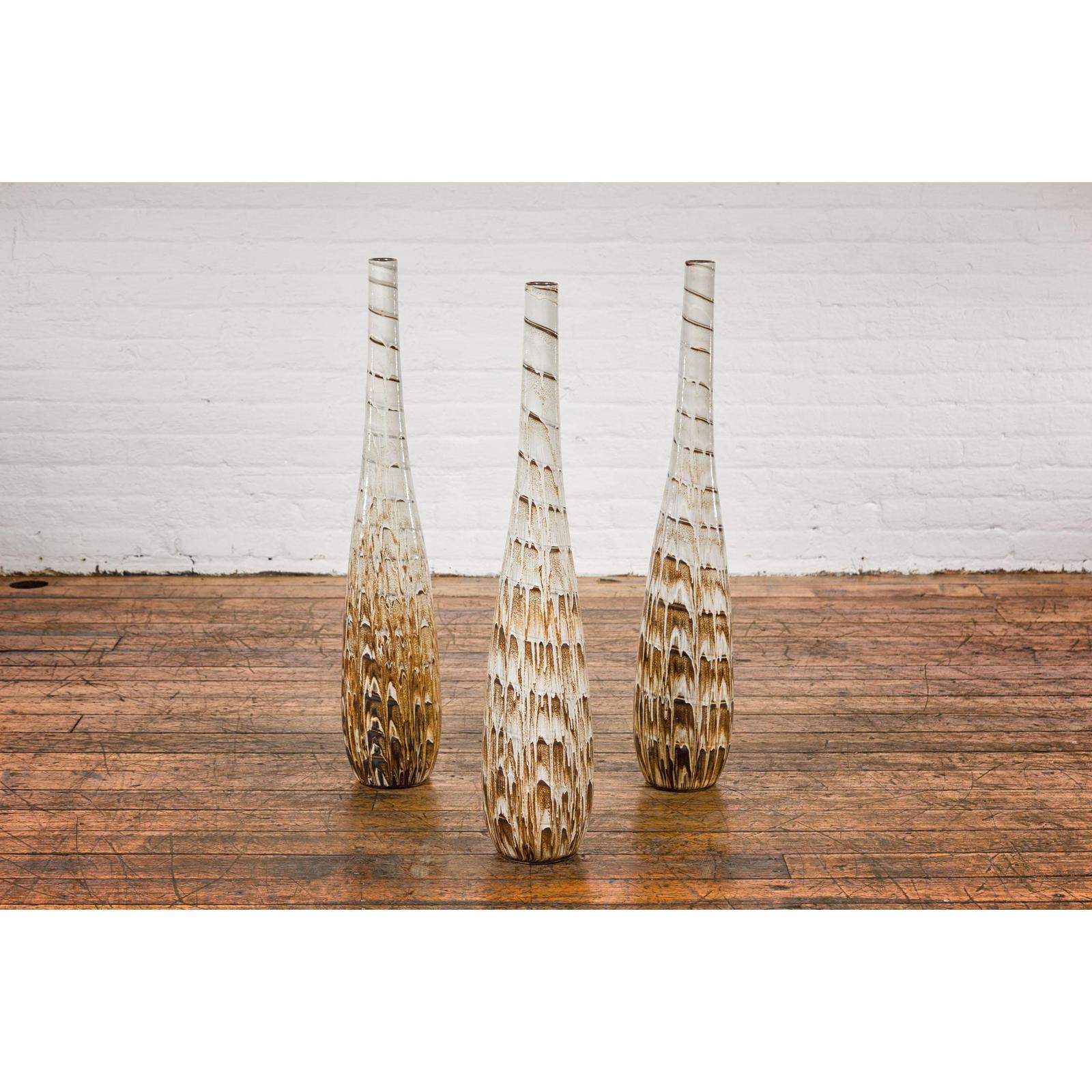 Three Slender Vases with Brown &amp; White Drip, Sold Each