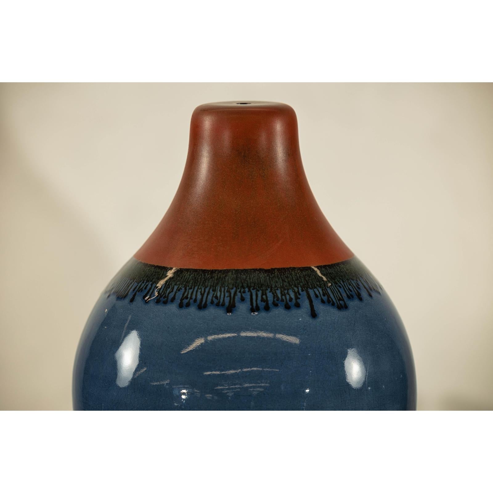 Pair of Artisan Ceramic Vases in Midnight Blue, Pre-Drilled for Lamp Conversion