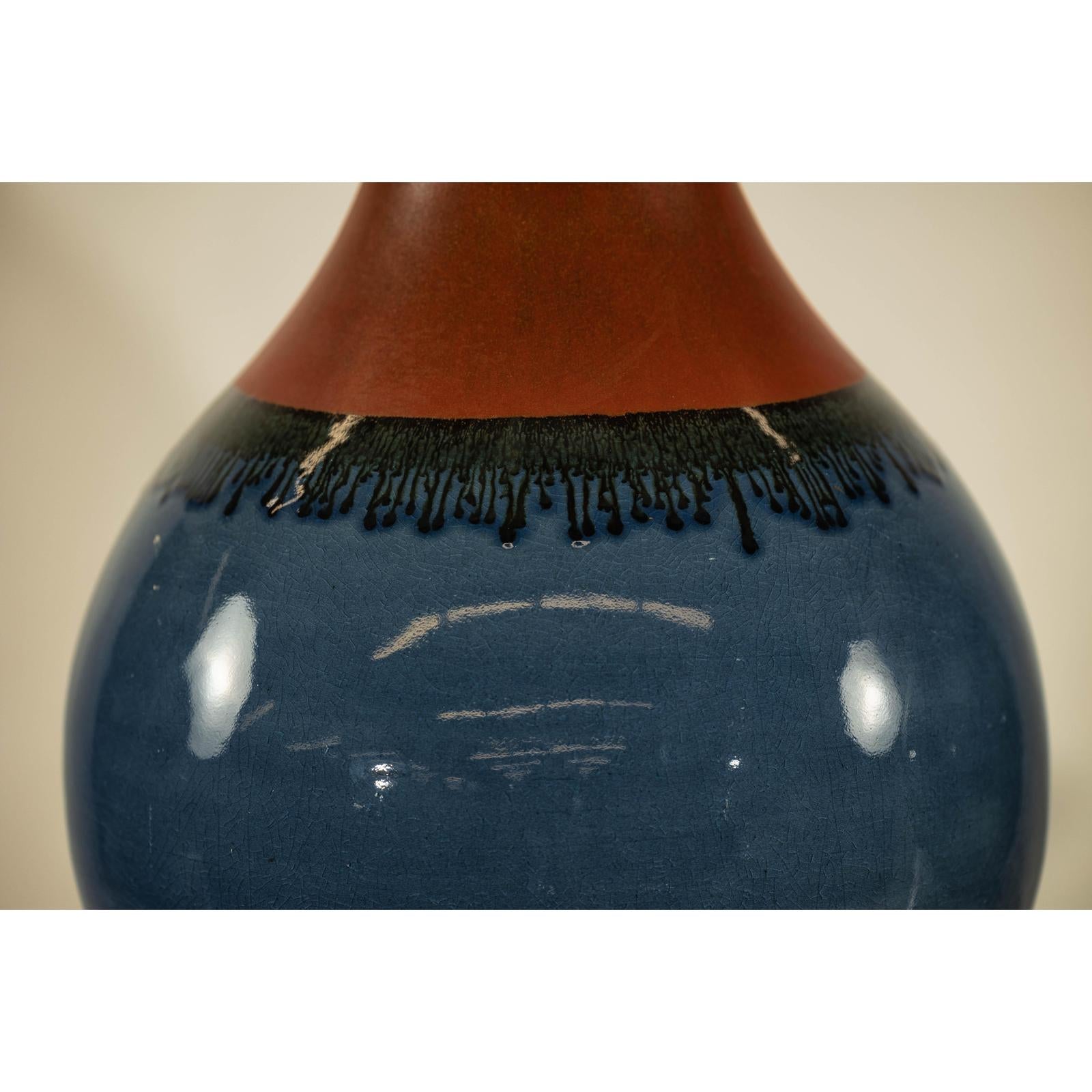 Pair of Artisan Ceramic Vases in Midnight Blue, Pre-Drilled for Lamp Conversion