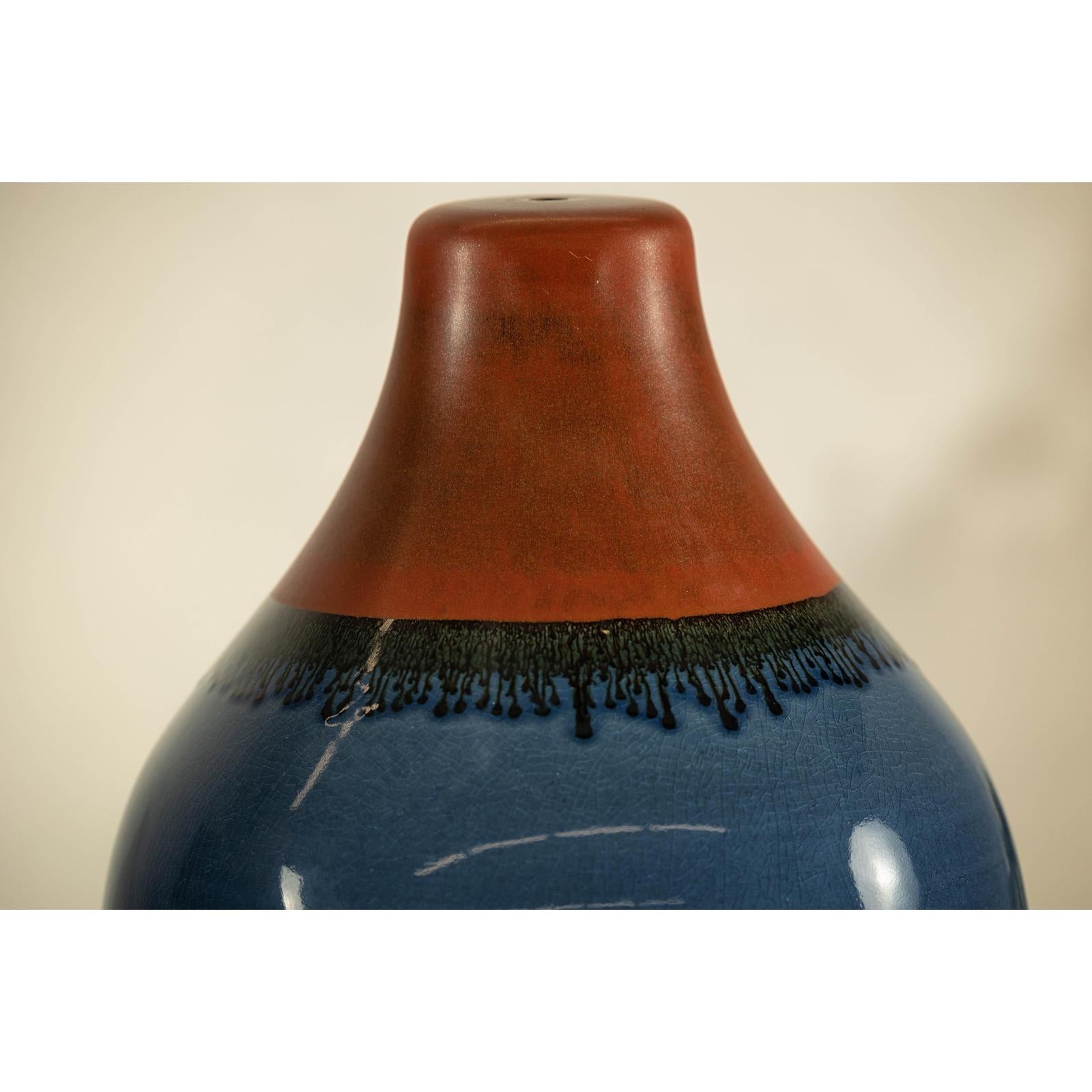 Pair of Artisan Ceramic Vases in Midnight Blue, Pre-Drilled for Lamp Conversion