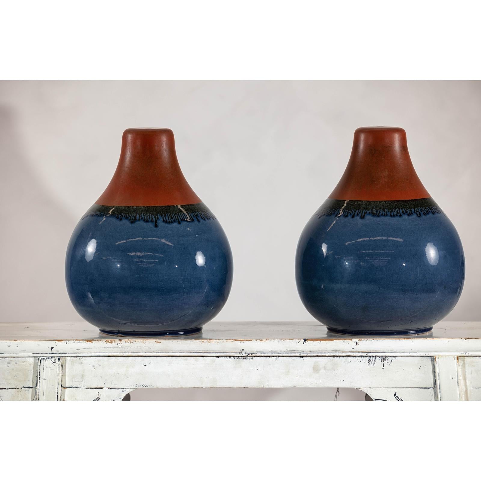 Pair of Artisan Ceramic Vases in Midnight Blue, Pre-Drilled for Lamp Conversion