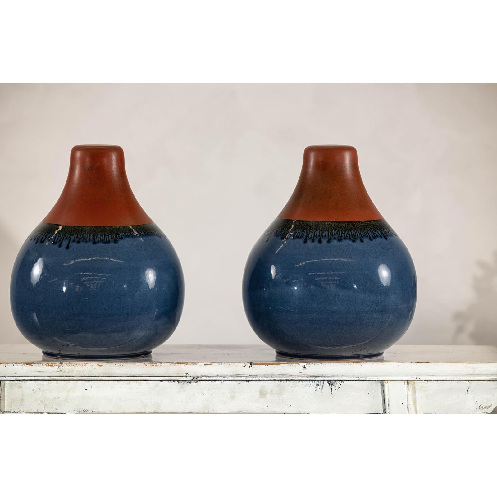 Pair of Artisan Ceramic Vases in Midnight Blue, Pre-Drilled for Lamp Conversion