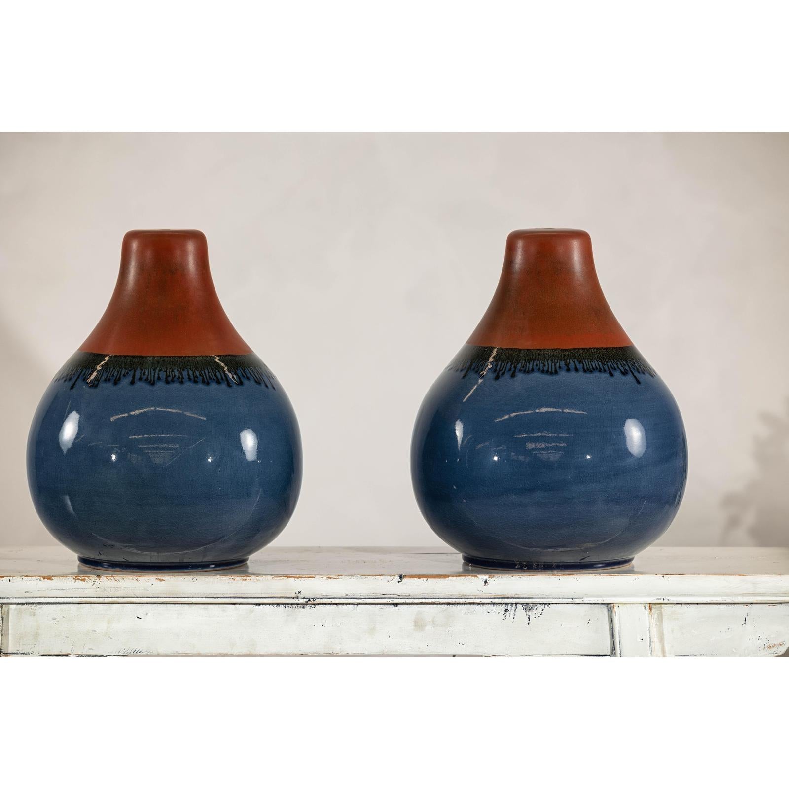 Pair of Artisan Ceramic Vases in Midnight Blue, Pre-Drilled for Lamp Conversion