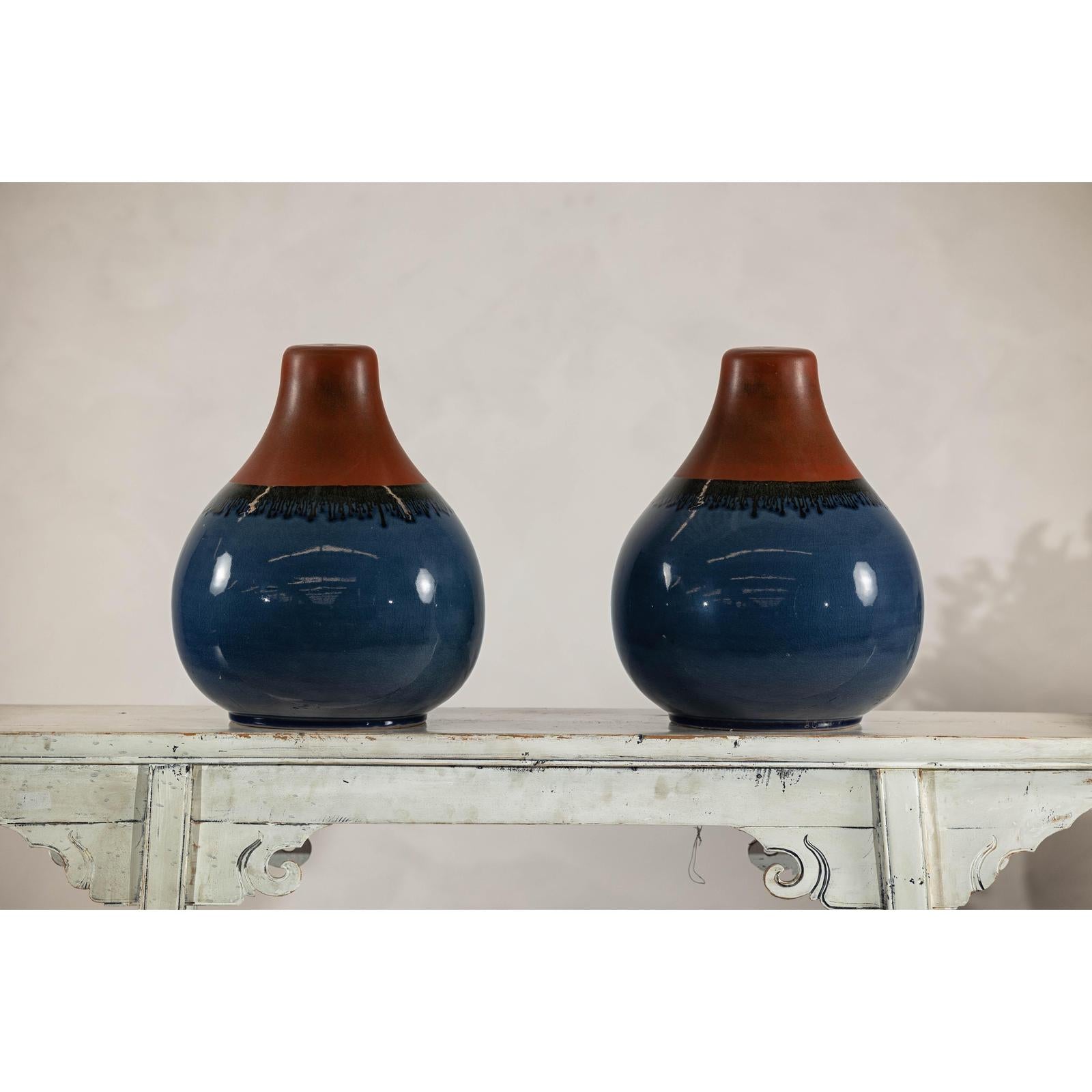 Pair of Artisan Ceramic Vases in Midnight Blue, Pre-Drilled for Lamp Conversion