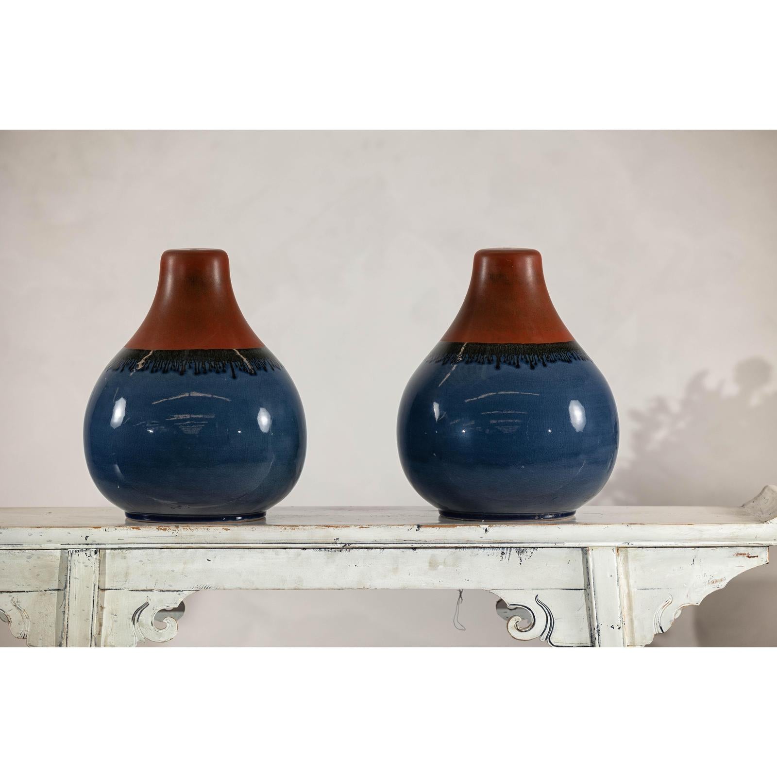 Pair of Artisan Ceramic Vases in Midnight Blue, Pre-Drilled for Lamp Conversion