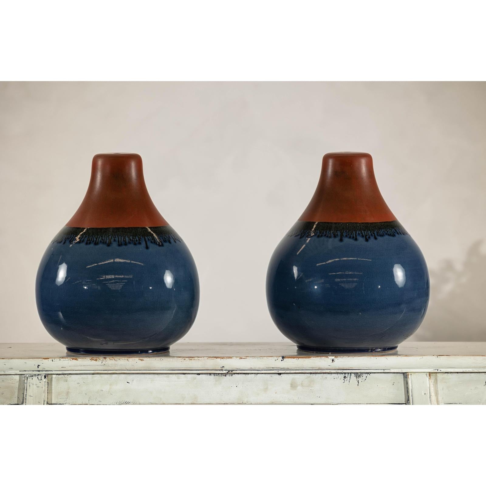 Pair of Artisan Ceramic Vases in Midnight Blue, Pre-Drilled for Lamp Conversion