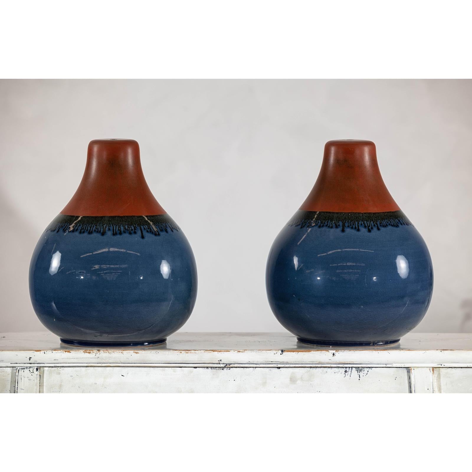 Pair of Artisan Ceramic Vases in Midnight Blue, Pre-Drilled for Lamp Conversion