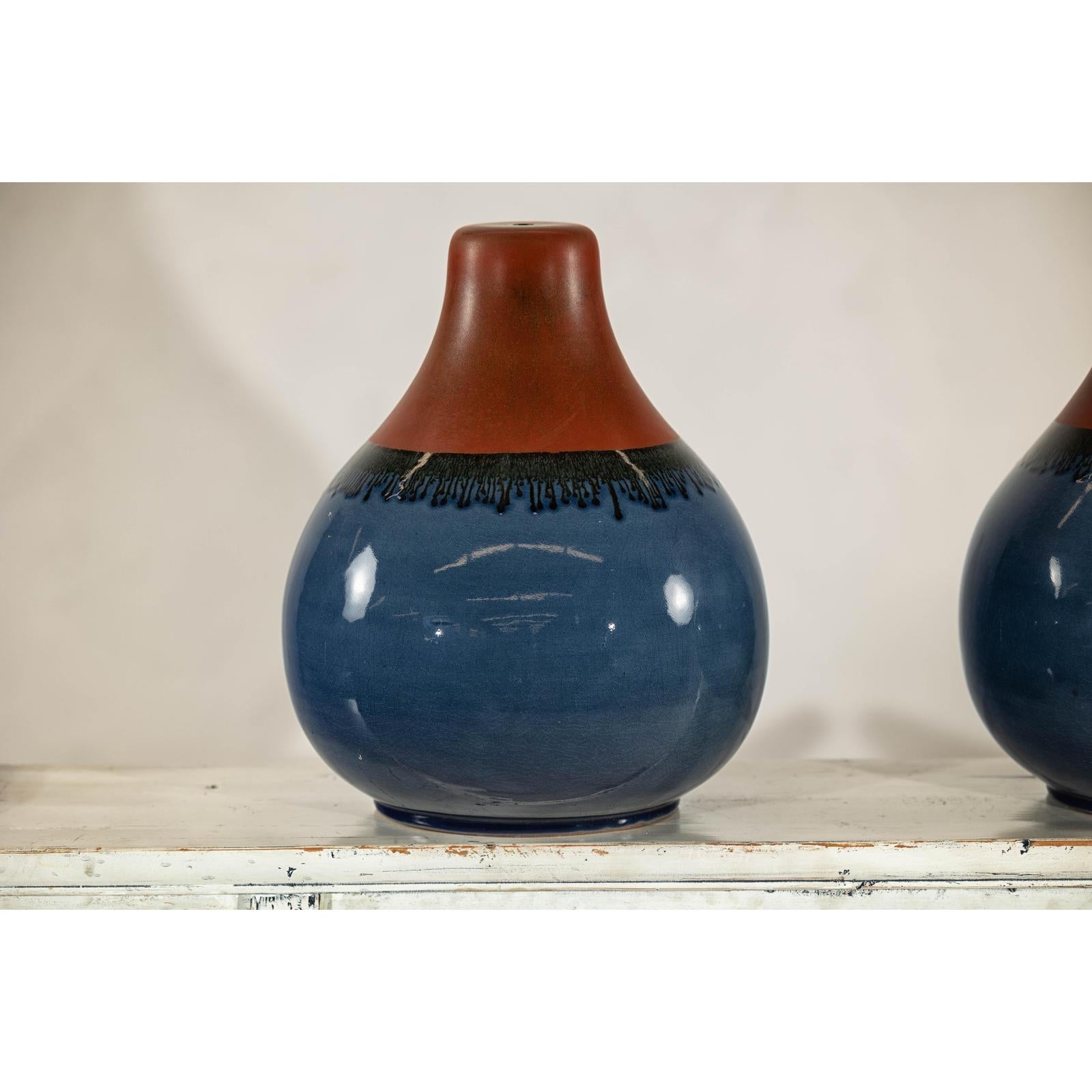Pair of Artisan Ceramic Vases in Midnight Blue, Pre-Drilled for Lamp Conversion