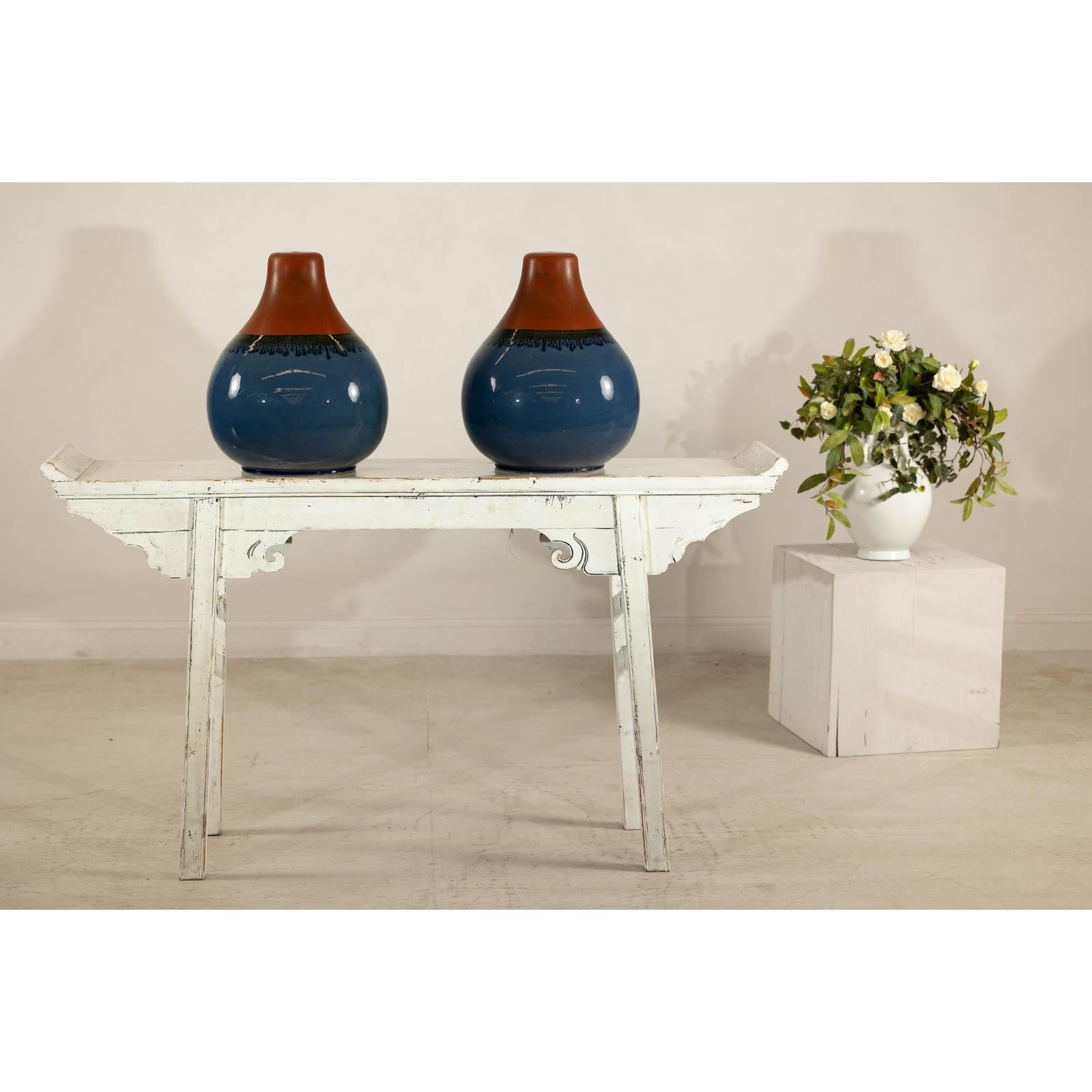 Pair of Artisan Ceramic Vases in Midnight Blue, Pre-Drilled for Lamp Conversion
