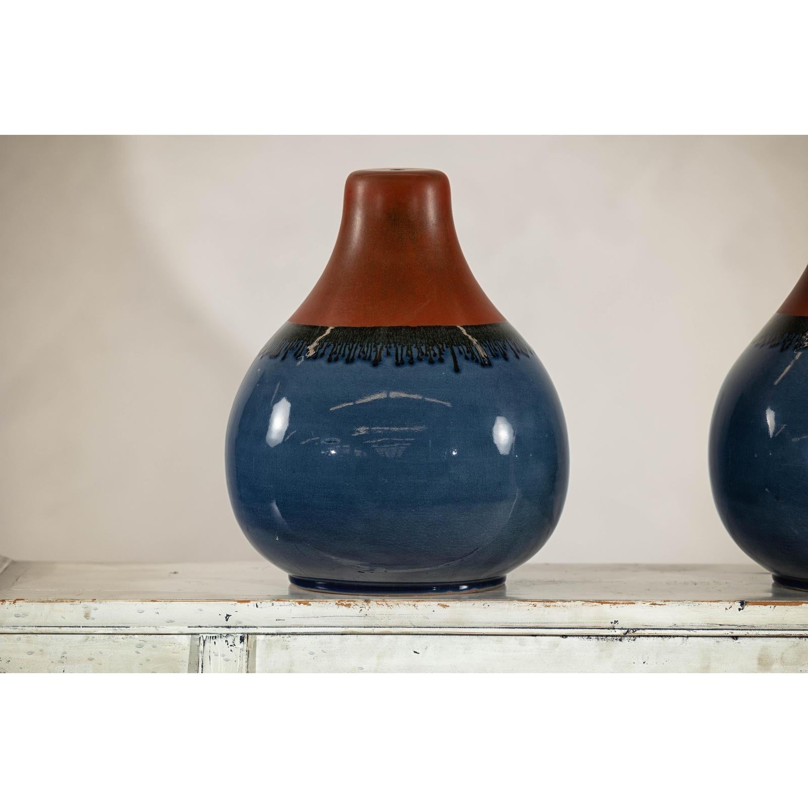 Pair of Artisan Ceramic Vases in Midnight Blue, Pre-Drilled for Lamp Conversion