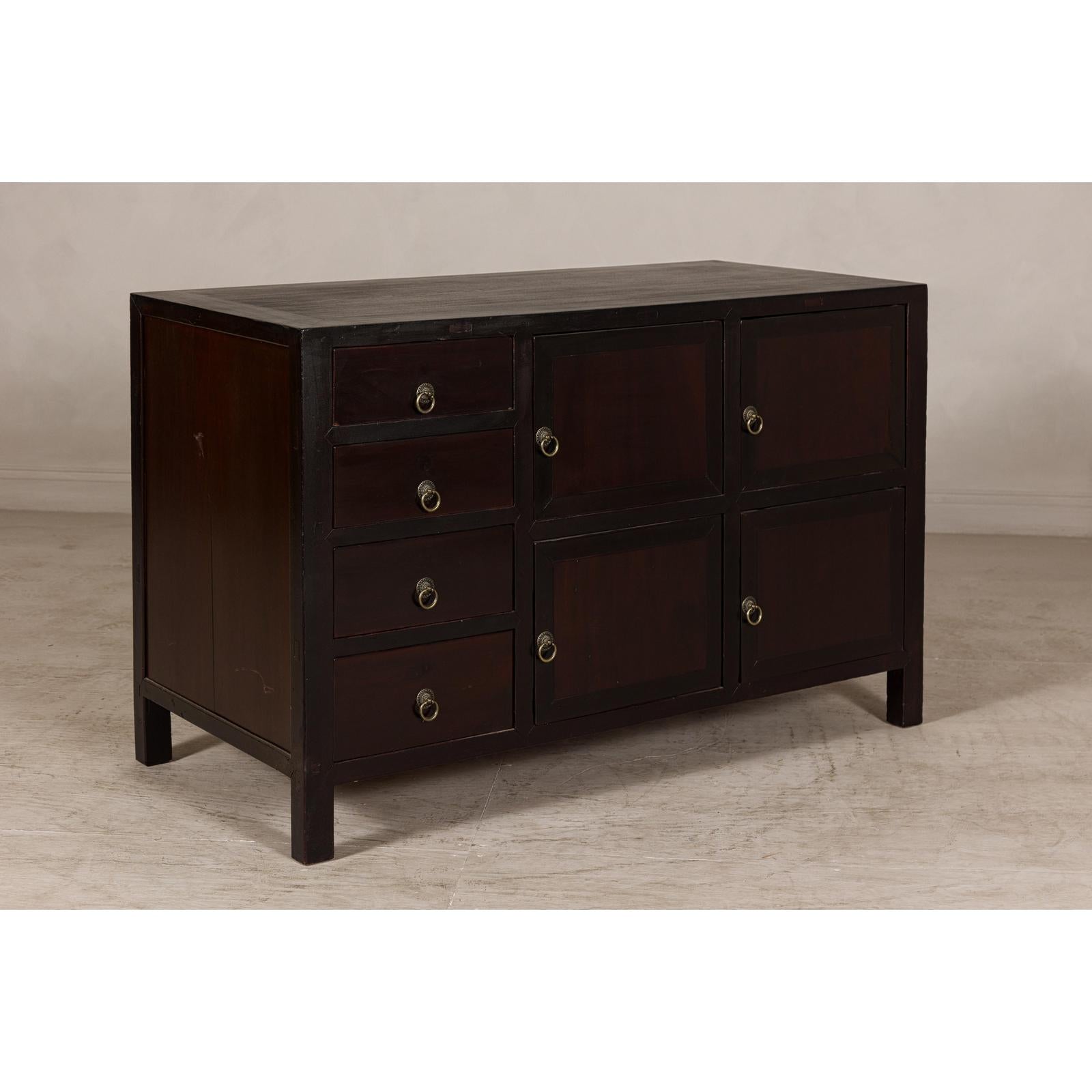 Vintage Reddish Brown Lacquered Elm Sideboard with Four Drawers and Panel Doors