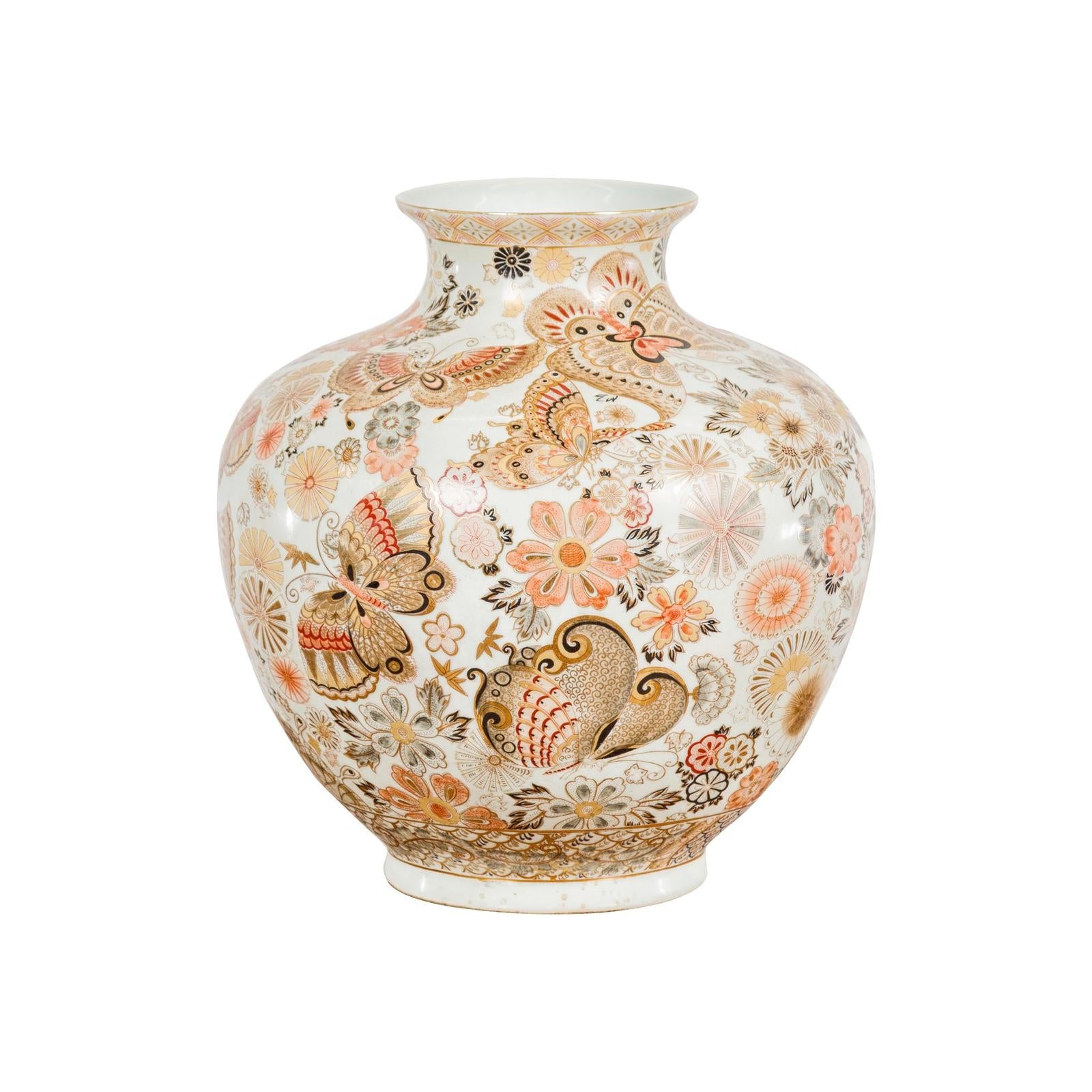 Kutani Style Vintage Vase with Flowers and Butterflies