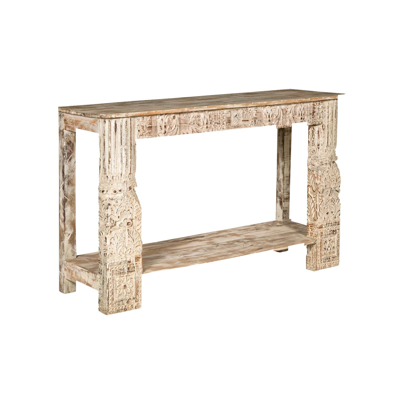 Mughal Style Whitewash Console Table with Carved Apron and Lower Shelf