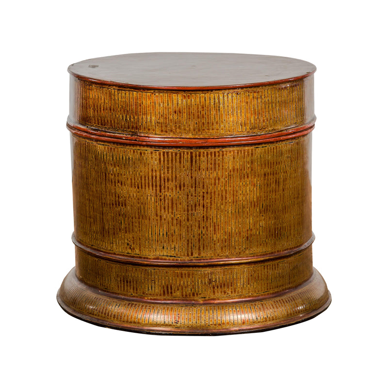 Burmese Vintage Negora Lacquer Circular Storage Bin with Vertical Stripes-YN7848-33. Asian & Chinese Furniture, Art, Antiques, Vintage Home Décor for sale at FEA Home