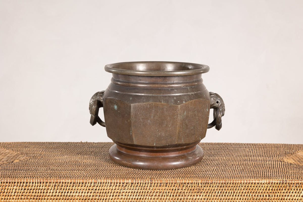 Meiji Japanese Bronze Hibachi with Elephant Ring Handles, full gallery view