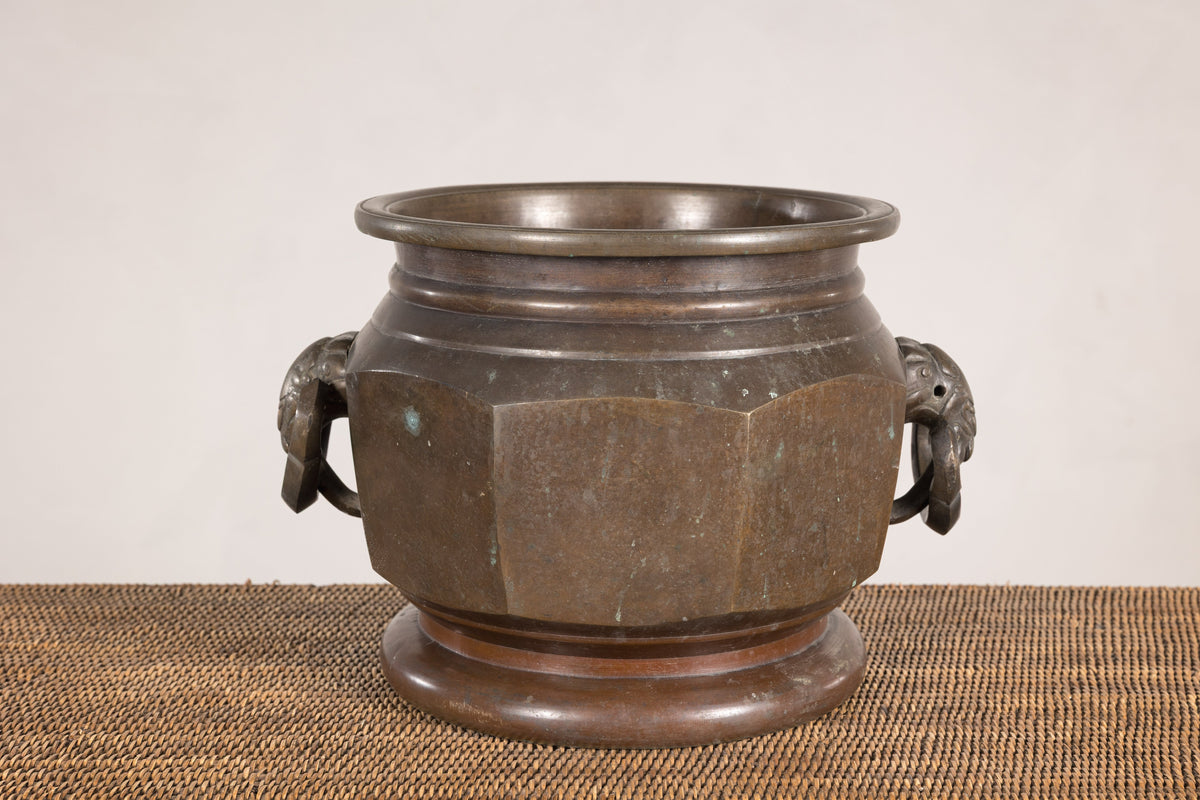 Meiji Japanese Bronze Hibachi with Elephant Ring Handles, alternate angle