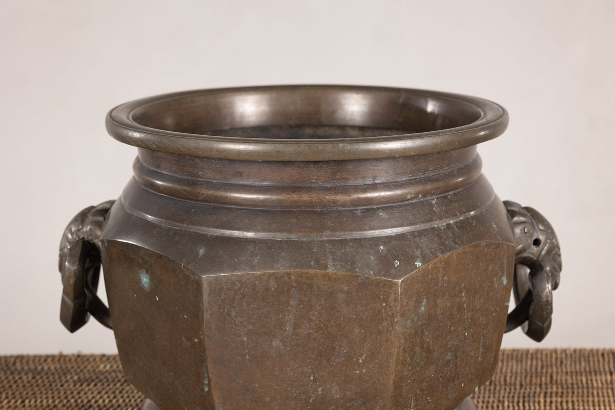 Meiji Japanese Bronze Hibachi with Elephant Ring Handles, side view