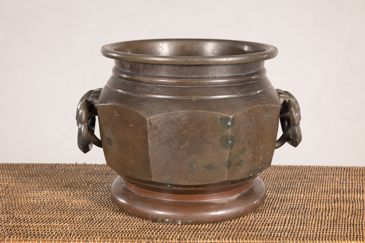 Meiji Japanese Bronze Hibachi with Elephant Ring Handles, reverse view