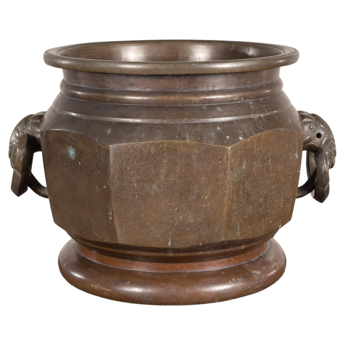 Meiji Japanese Bronze Hibachi with Elephant Ring Handles, full object on a white background