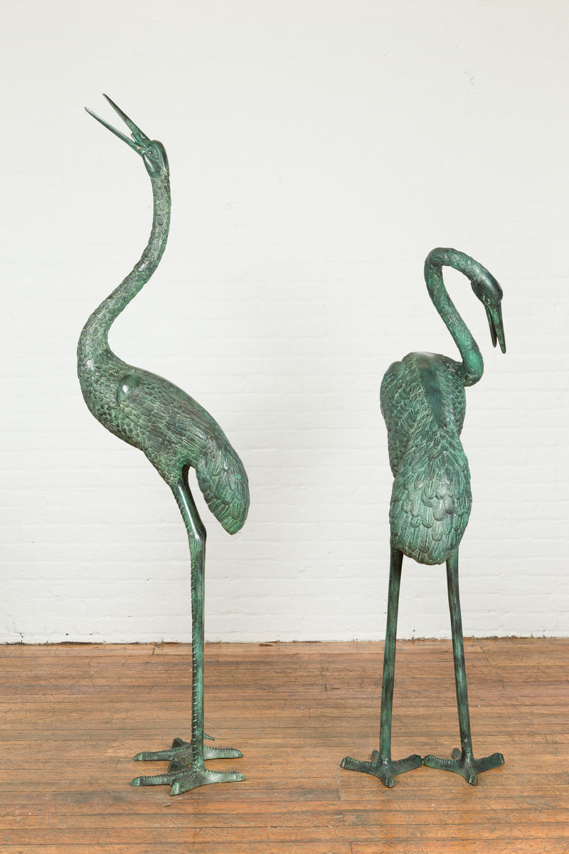 Pair of Dark Green Bronze Crane Fountain Statues-7. Asian & Chinese Furniture, Art, Antiques, Vintage Home Décor for sale at FEA Home