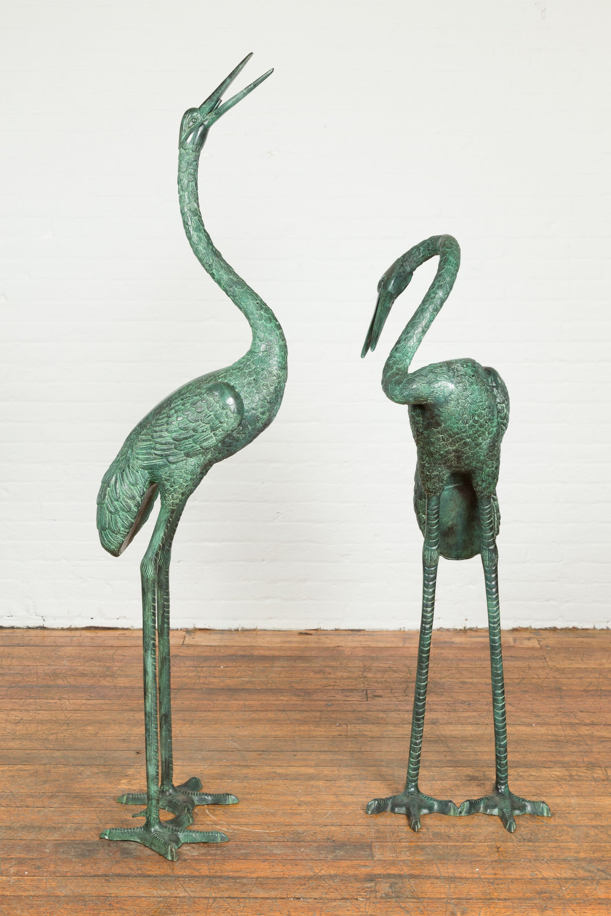Pair of Dark Green Bronze Crane Fountain Statues-2. Asian & Chinese Furniture, Art, Antiques, Vintage Home Décor for sale at FEA Home