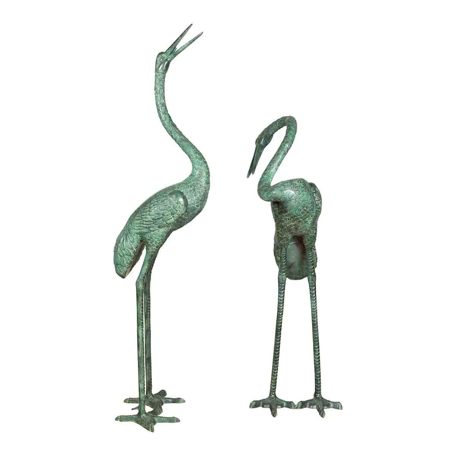 Pair of Dark Green Bronze Crane Fountain Statues-1. Asian & Chinese Furniture, Art, Antiques, Vintage Home Décor for sale at FEA Home