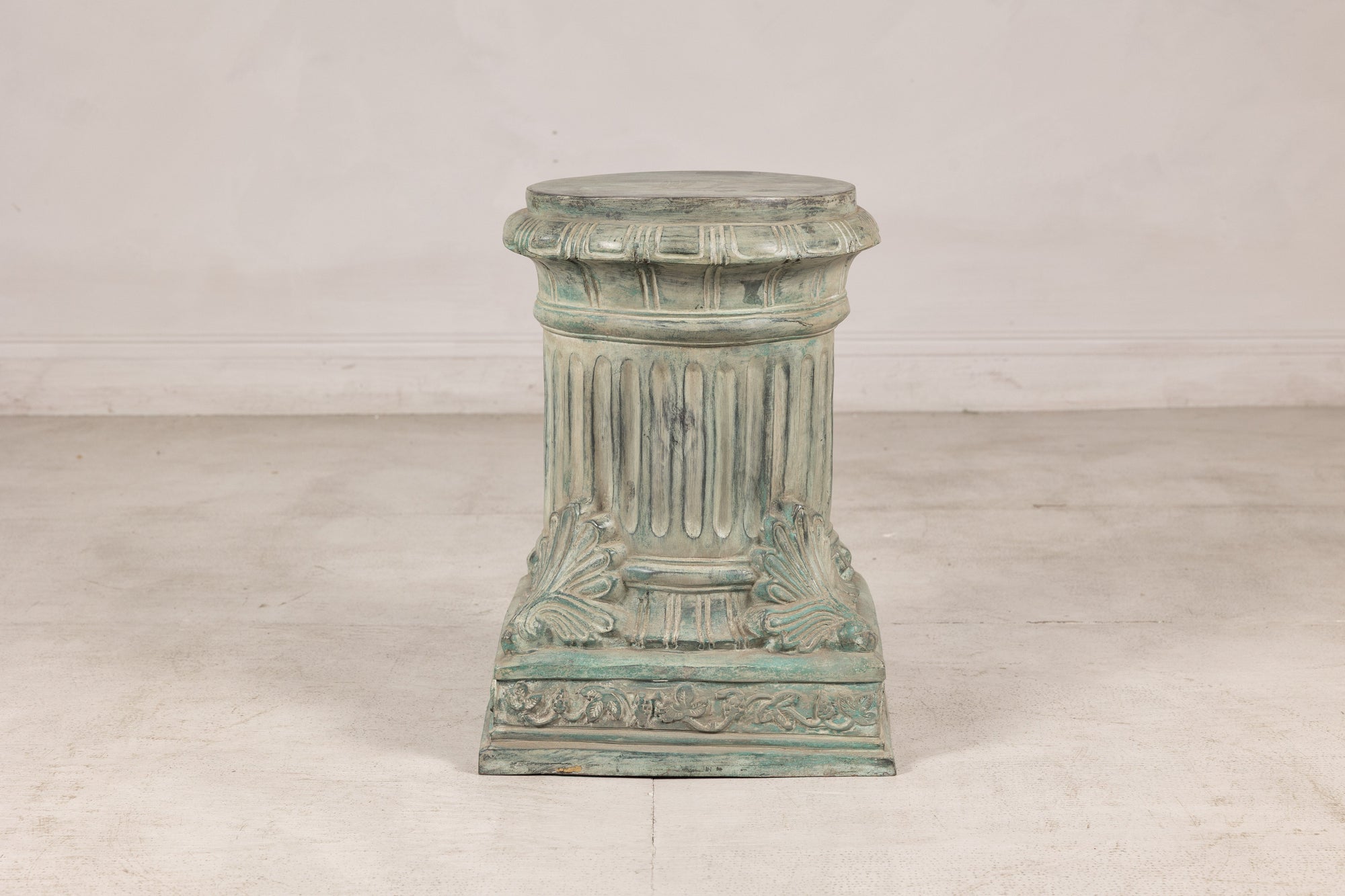 Verdigris bronze Neoclassical pedestal, centered front view