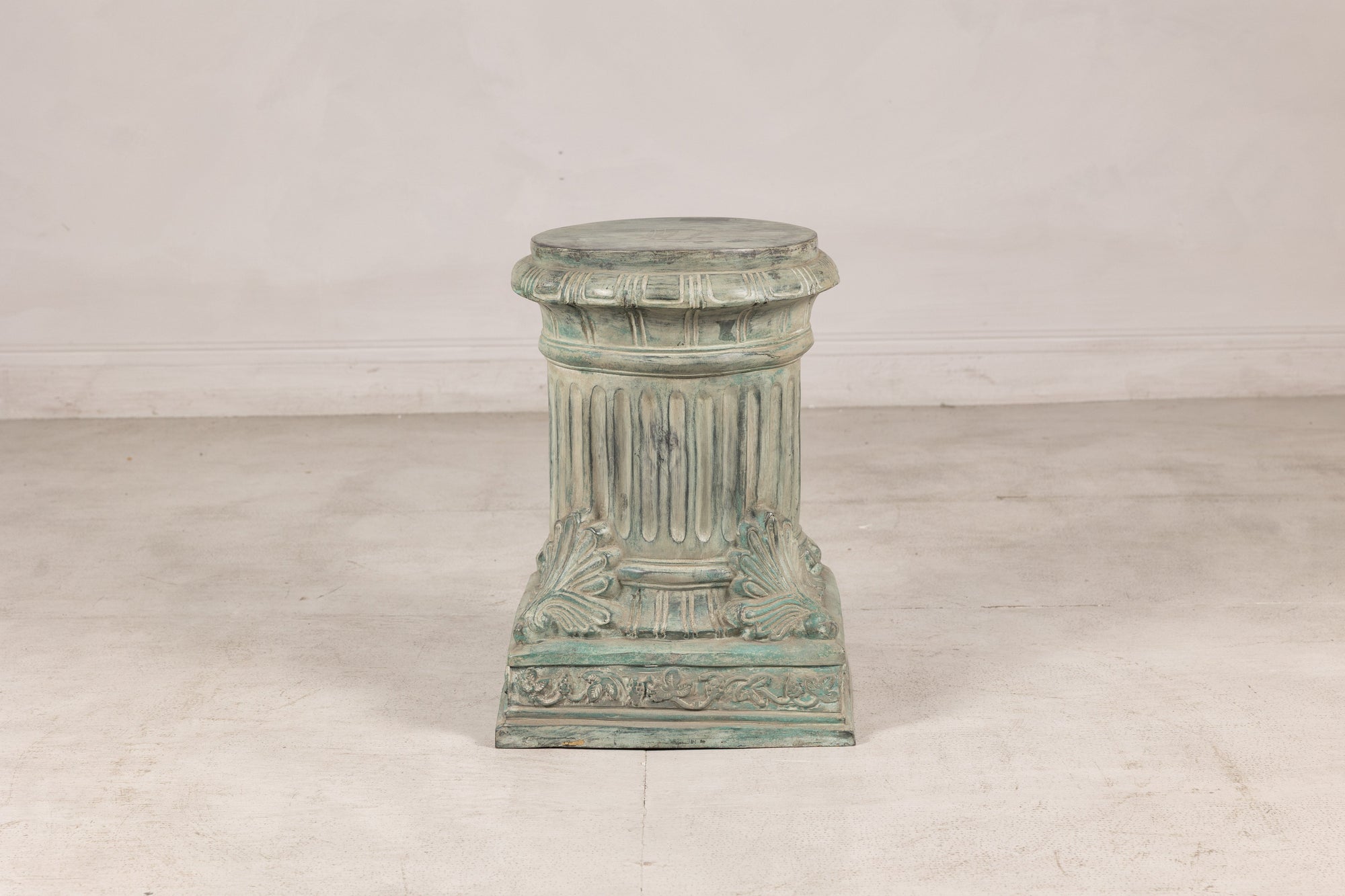 Verdigris bronze pedestal, straight-on front view