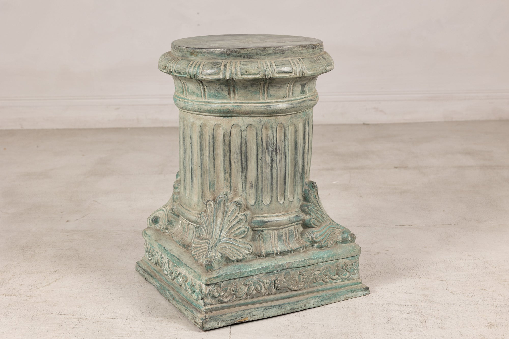 Verdigris bronze pedestal, three-quarter right view