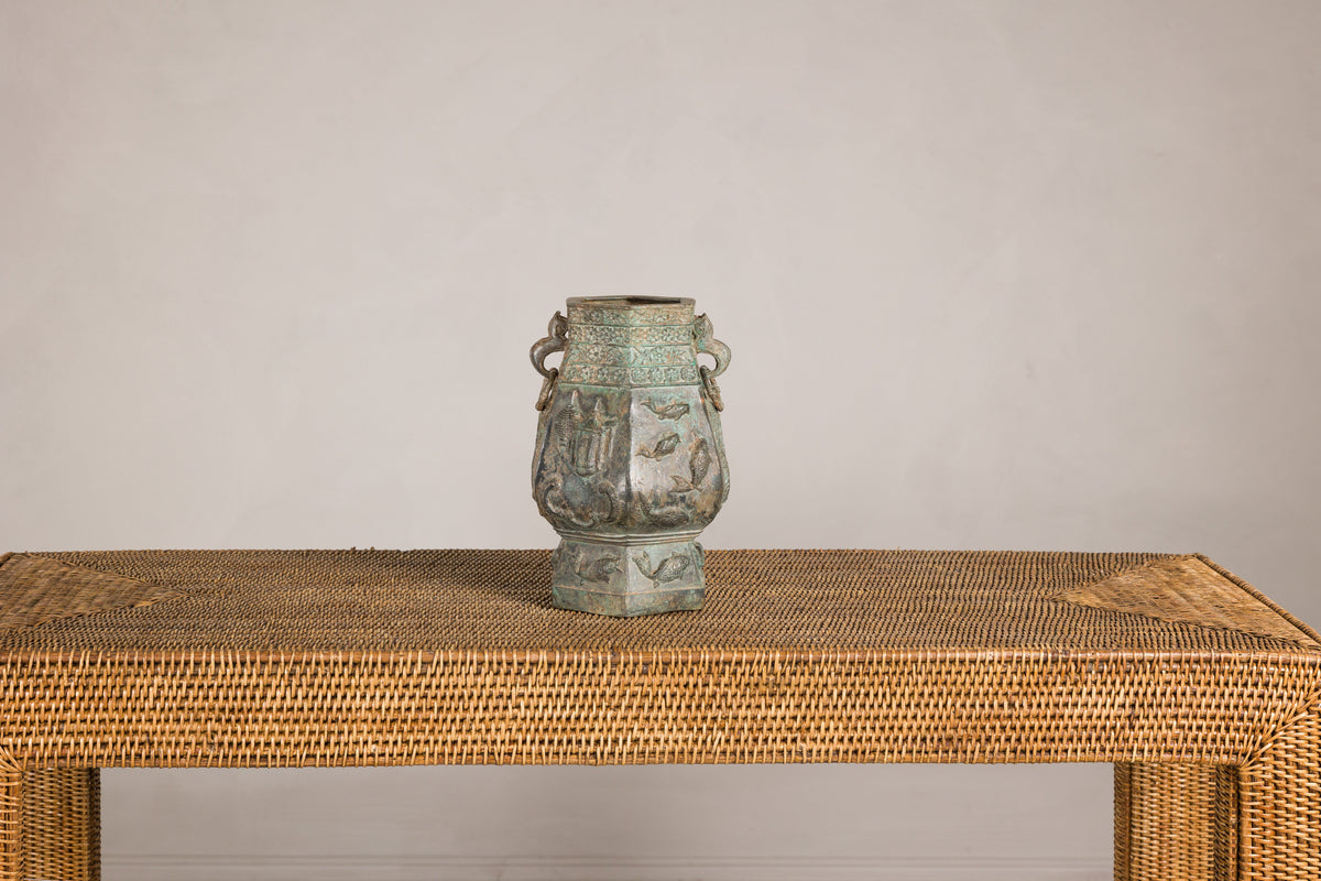 Vintage East Asian Hexagonal Bronze Vase with Koi Relief, full gallery view