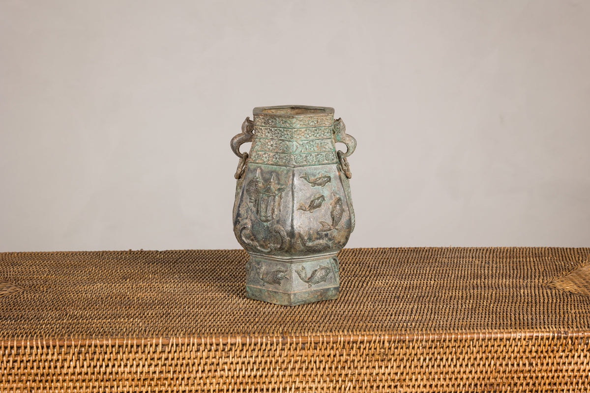 Vintage East Asian Hexagonal Bronze Vase with Koi Relief, alternate angle