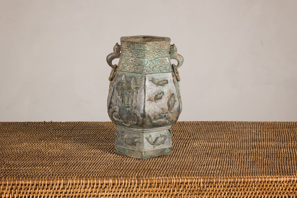 Vintage East Asian Hexagonal Bronze Vase with Koi Relief, side view