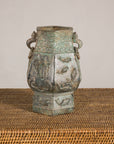Vintage East Asian Hexagonal Bronze Vase with Koi Relief, side view
