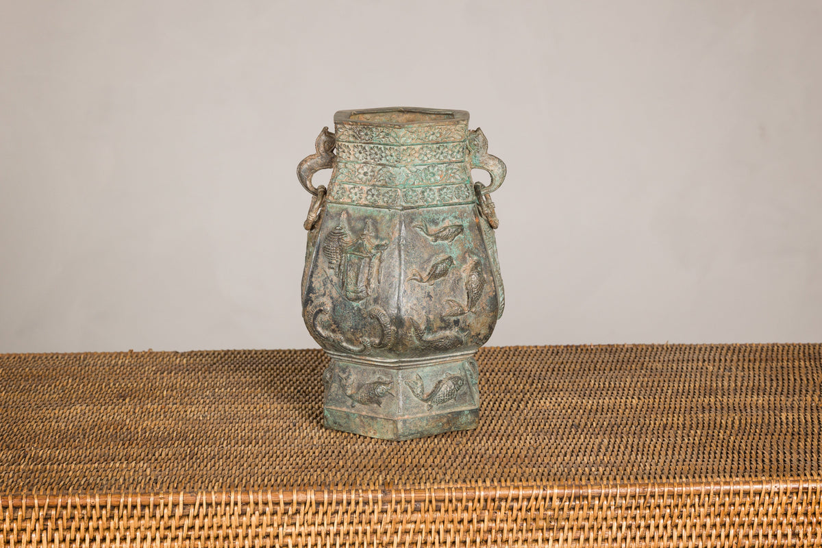 Vintage East Asian Hexagonal Bronze Vase with Koi Relief, surface detail