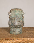 Vintage East Asian Hexagonal Bronze Vase with Koi Relief, surface detail
