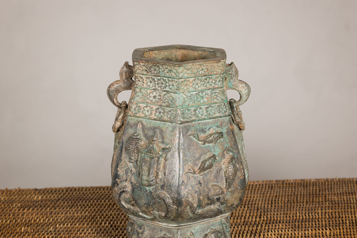 Vintage East Asian Hexagonal Bronze Vase with Koi Relief, construction detail