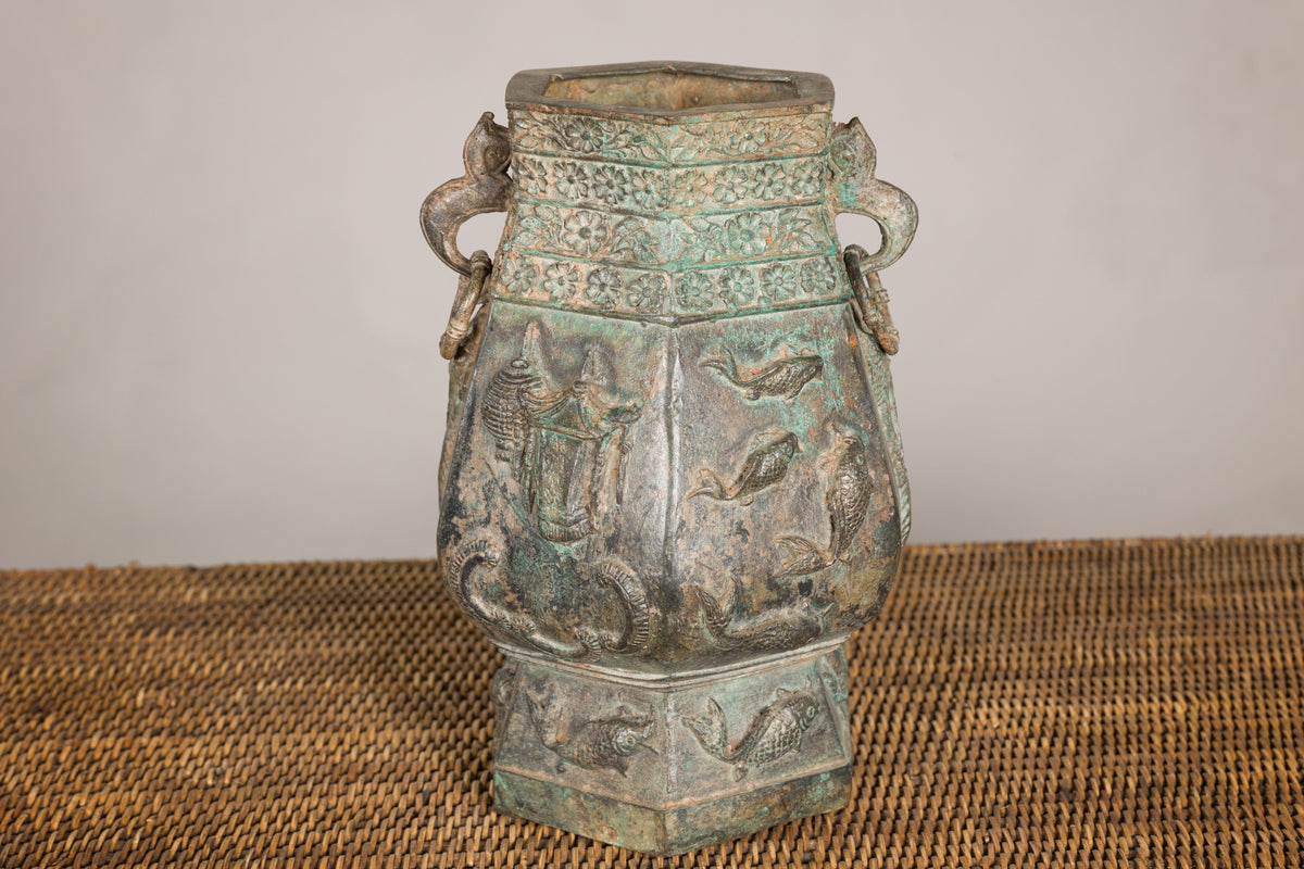 Vintage East Asian Hexagonal Bronze Vase with Koi Relief, reverse view