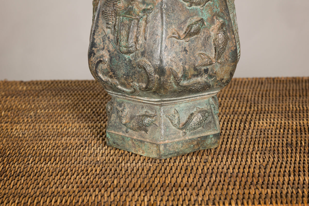 Vintage East Asian Hexagonal Bronze Vase with Koi Relief, close-up detail
