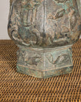 Vintage East Asian Hexagonal Bronze Vase with Koi Relief, close-up detail