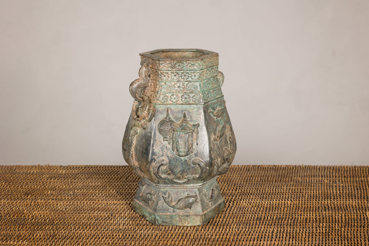Vintage East Asian Hexagonal Bronze Vase with Koi Relief, base detail