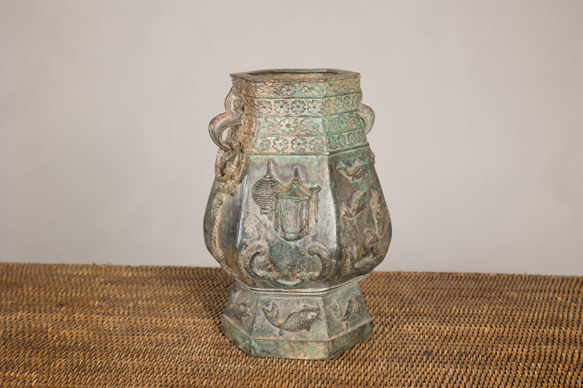Vintage East Asian Hexagonal Bronze Vase with Koi Relief, top detail